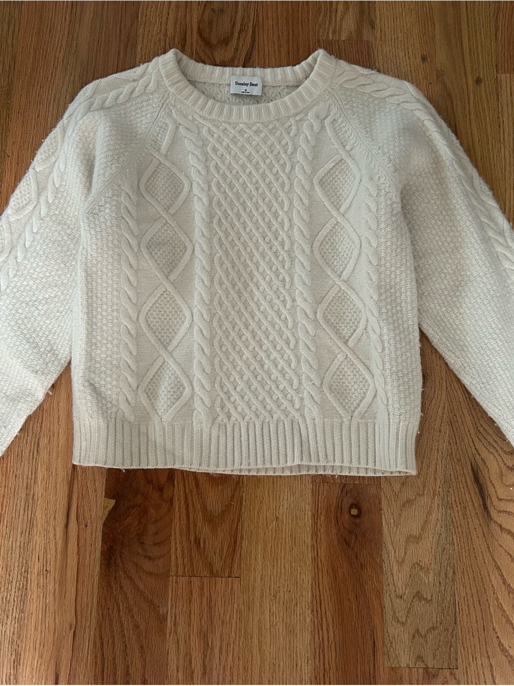 Sunday Best Aritzia Ivory Cream Cable Knit Crewneck Sweater Merino Wool